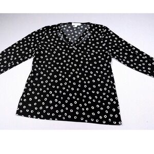 Nine West Womens Black White Abstract Polka Dot V-Neck Strap Detail Blouse Large